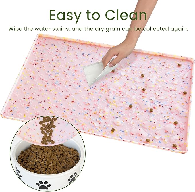 Ptlom Dog Food Mat Anti-Slip Dog Bowl Mats for Food and Water, Waterproof Pet Placemat Prevents Messy Spill to Floor, Silicone Puppy Feeding Tray for Small, Medium and Large Dogs Cats, Pink-Mewly Pet