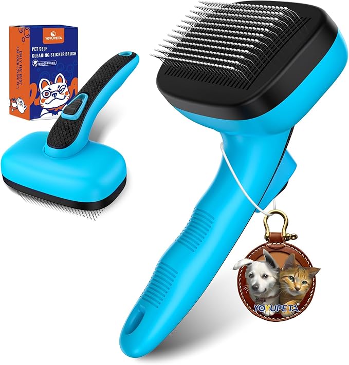 Dog Self Cleaning Slicker Brush for Shedding, Ideal for Short Long Haired Dogs, Including Cat. Removes Loose Fur, Undercoat, Mats, Tangled Hair. Suit for Large Medium Small Animal. Blue-Mewly Pet