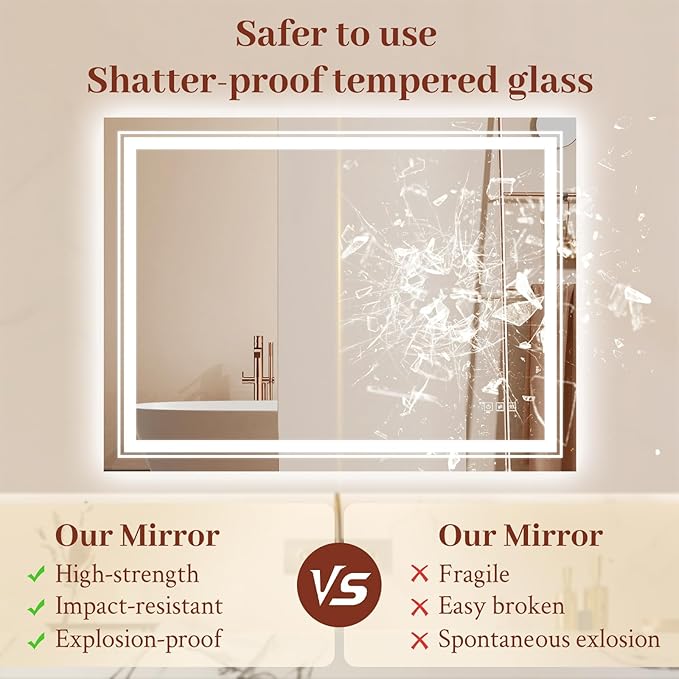 36x30 LED Mirror for Bathroom with Front and Backlit Light Up Digital Mirrors for Wall,Anti Fog,Stepless Dimmable,Tempered Silver Glass Smart Vanity Mirror for Bathroom