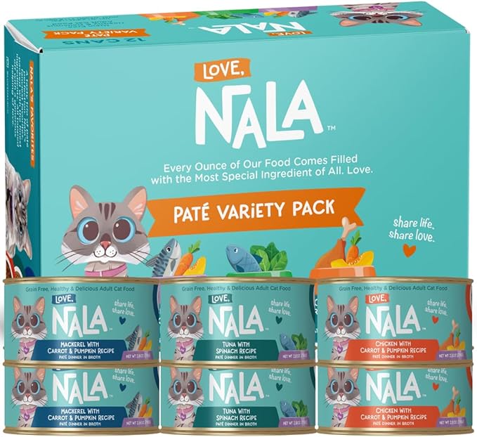 LOVE, NALA - Natural Adult Cat Wet Food - Pate Variety Pack - Tuna, Chicken, Mackerel - Grain Free, Non-GMO, Fiber Blend, Minerals, Vitamins - 12 Pack 2.1 lbs.-Mewly Pet