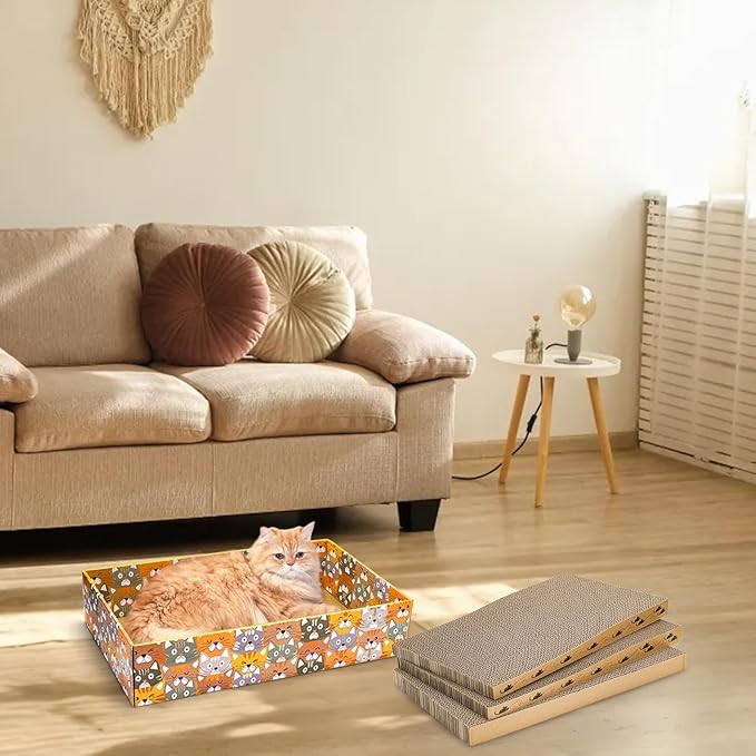 Set of 2 Cardboard Cat Scratchers, 6 Pcs Corrugated Cat Scratch Pad with 2 Boxes, Cute Reversible Kitty Sofa Bed, Refillable Wave Shaped Lounge, Interactive Kitten Toy for Indoor Cats-Mewly Pet