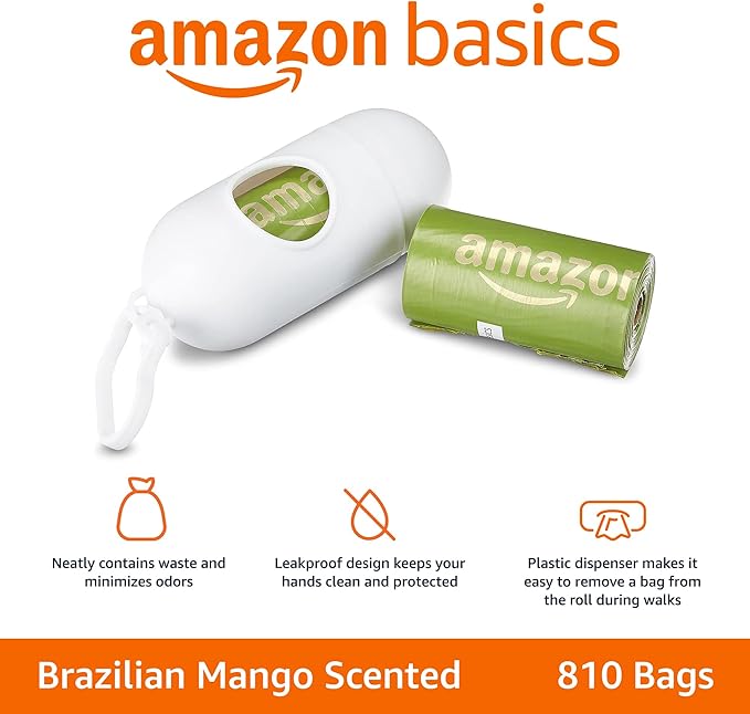 Amazon Basics Dog Poop Bags with Dispenser, 810 Count, Enhanced for Guaranteed Leakproof, Brazilian Mango Scented, Includes Leash Clip-Mewly Pet