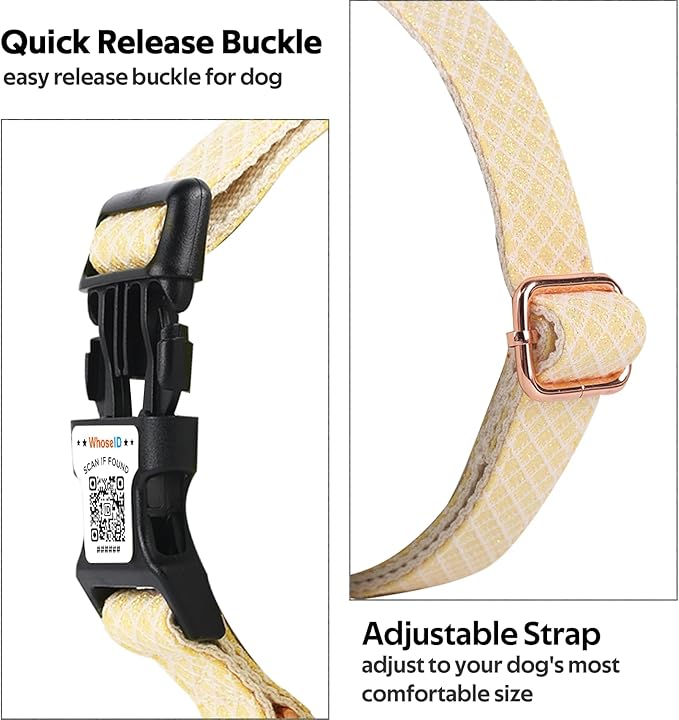 Dog Collar with Waterproof AirTag Holder & Anti-Lost QR Code, Cute Bling Warpping Adjustable Width for Small Medium Large Pet (Yellow, L)-Mewly Pet