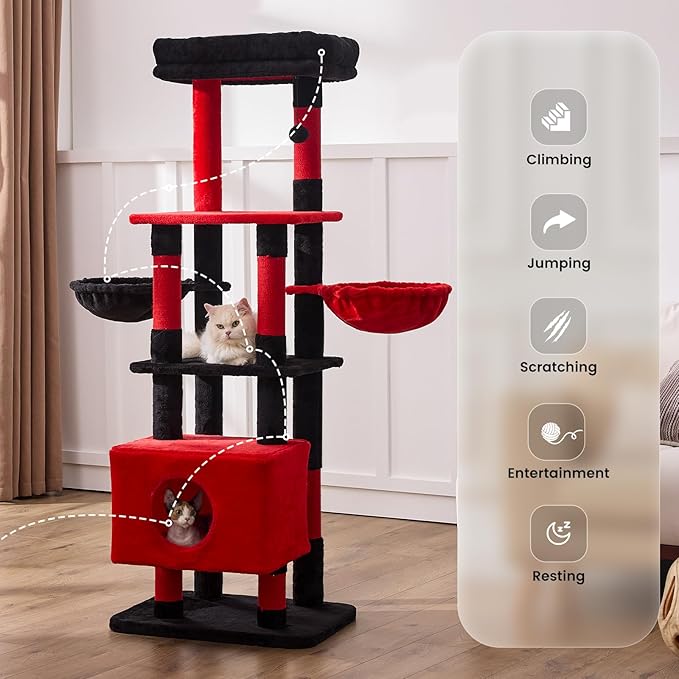 Gardner Pet 65in Heavy Duty Cat Tree Tower for Large Cats, Multi-Level Cat Furniture with Replaceable Sisal Scratching Post, Hammock | Extra-Large Platform & Condo (Black Red, Basic φ:2.84")-Mewly Pet