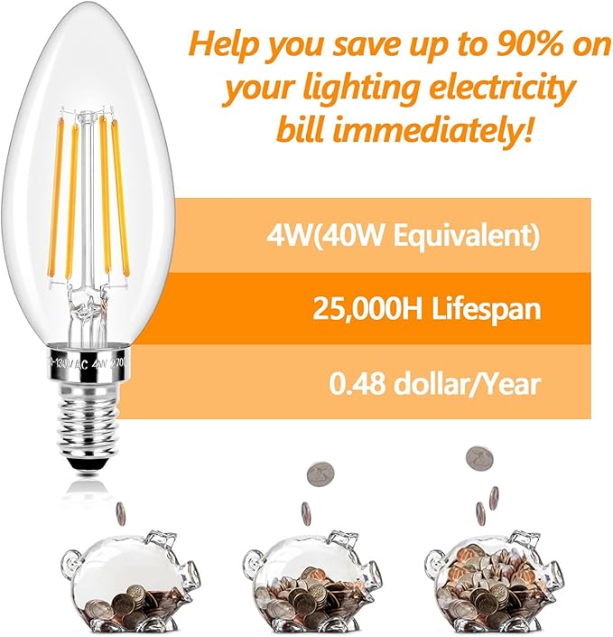 E12 LED Candelabra Bulbs 40 Watt Equivalent, 4W Vintage Candle Light Bulbs Dimmable, 470Lm Warm White 2700K B11 Edison Bulb, Filament Clear Glass Lamp Bulb for Chandelier Ceiling Fan(10 Packs)