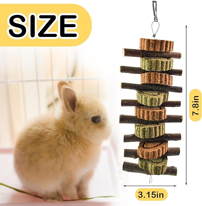Rabbit Chew Toy,Bunny Chew Toys for Teeth Grinding,Natural Apple Branch Teething Sticks with Hay Grass Cake Improve Dental Health Bunny Hanging Chew Toys for Rabbits,Chinchillas,Hamster (4 Pcs)-Mewly Pet
