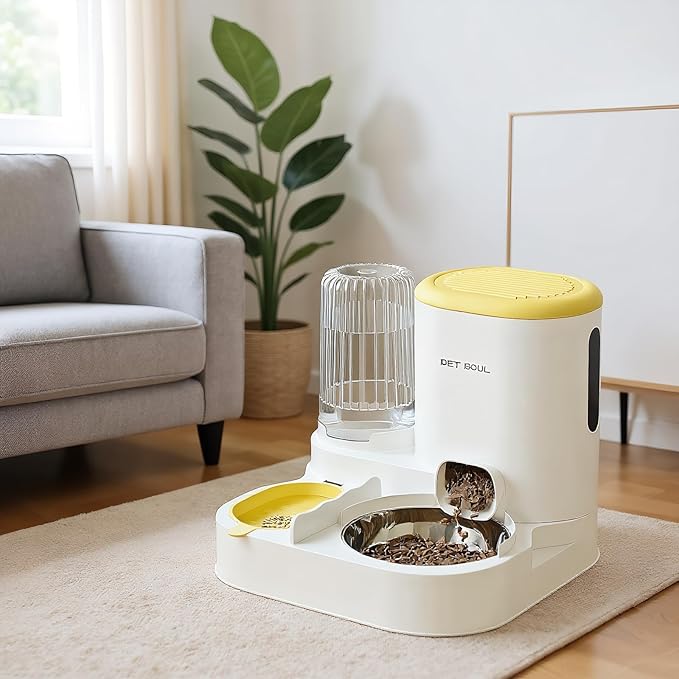 Automatic Cat Feeder & Water Dispenser - Dual Container for Dry/Wet Food, Two-in-One Upgraded Gravity Feeder and Water Dispenser Combo Set for Cats and Dogs.(Yellow)-Mewly Pet