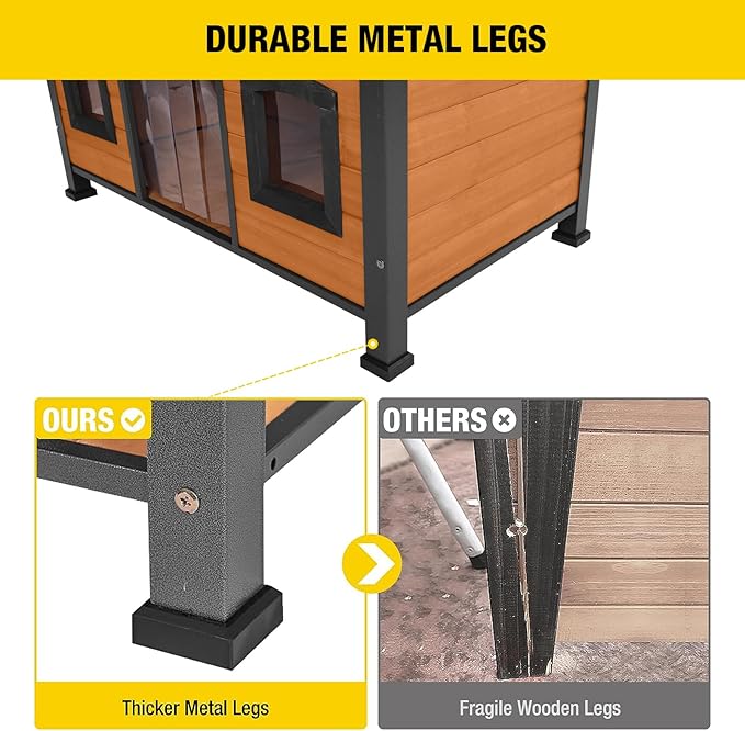 Aivituvin Large Dog House Anti-Chewing Metal Frame Design Insulated Wooden Dog Kennel with Unique Design Roof, Weatherproof Dog House for Outdoor Indoor-Mewly Pet