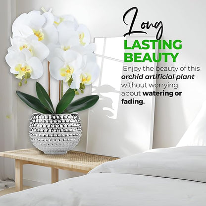 Large Orchids Artificial Flowers, 17'' White Faux Orchids with Gold Pot for Living Room Decor, White Faux Orchid Plant for Bathroom Kitchen Home Indoor Hotel Decor (Large Silver)