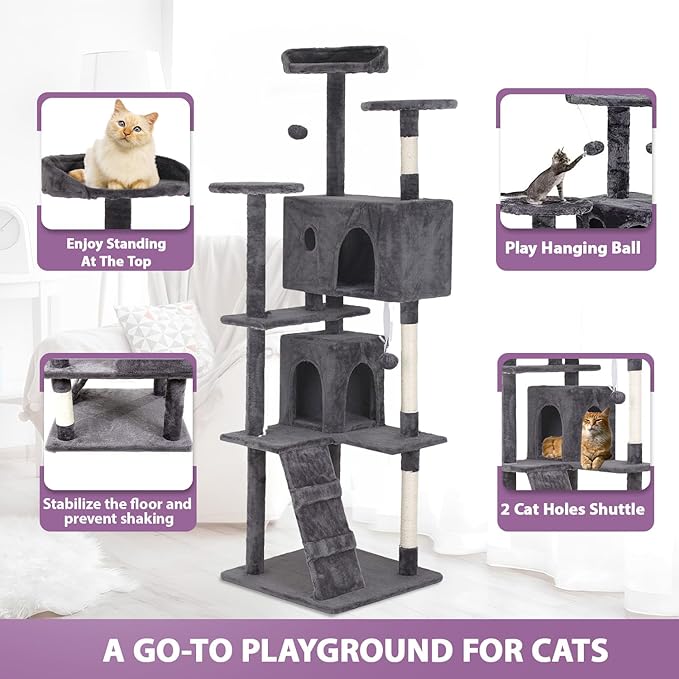70 inches Cat Tower for Indoor Cats Multi-Level Cat Condos for XL Cat Tree Cat Climbing Tower with Scratching Posts, Hanging Toys,Light Gray-Mewly Pet