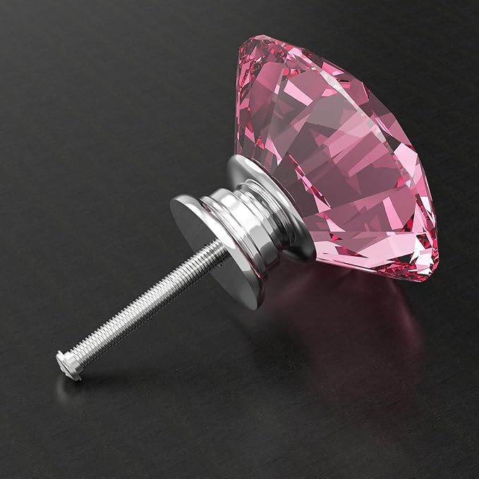 Tomorotec 12-Pack 40mm Crystal Pink Glass Cabinet Drawer Pulls, Diamond Drawer/Cupboard Knobs with Screws, Crystal Knobs w/Silver Base, Home Decor for Kitchen, Dresser, Wardrobe, Desk (1.6 in / 40mm)