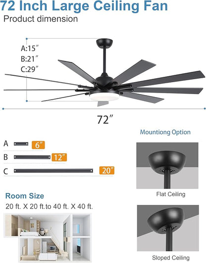72 Inch Ceiling Fans with Lights,Large Modern Ceiling fan with Remote and 9 Wooden Blades,Dimmable,6 Speeds,Noiseless Reversible Indoor&Outdoor Fan for Bedroom,Patio,Living Room