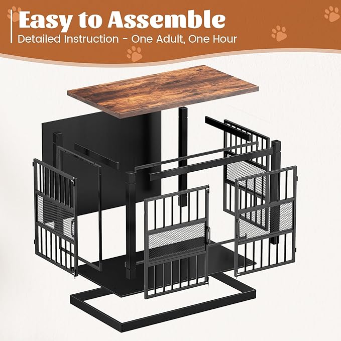 VOPEAK 46" Dog Crate Furniture, Chew Resistant Large Dog Crate for Medium Large Dogs, Heavy Duty XL Dog Crates Dog Kennel Cage Indoor with Double Doors, End Table for Bedroom Living Room, Black-Mewly Pet