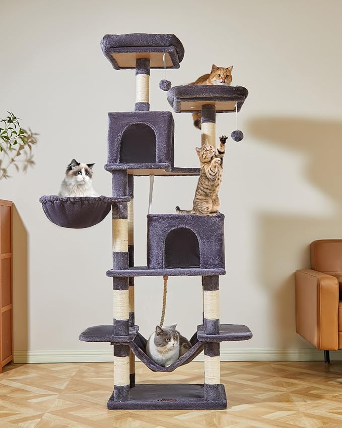 Taoqimiao Cat Tree, 71.7-Inch Cat Tower for Indoor Cats, Plush Multi-Level Cat Condo with 13 Scratching Posts, 2 Perches, 2 Caves, Hammock, 2 Pompoms,Smoky Gray MS013LG-Mewly Pet
