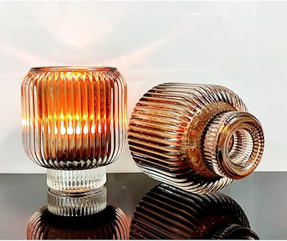 Woho Brown Votive Candle Holders Bulk of 4 for Fall Decor, Tealight Candle Holder for Halloween/Thanksgiving, Vintage Glass Tea Lights Candle Holder for Dining Table(Brown, 3.5'' Tall 3.1'' Diameter)