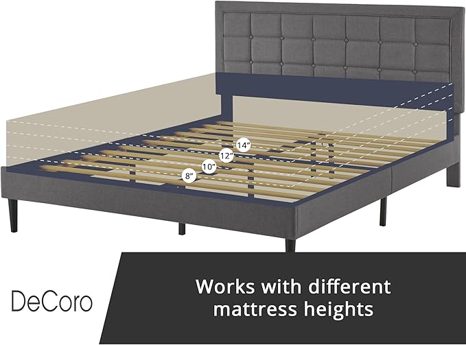 Decoro Mornington Upholstered 2.0 Platform Bed, Button-Tufted Fabric Headboard and Metal Frame with Wood Slat Support, Light Grey, King