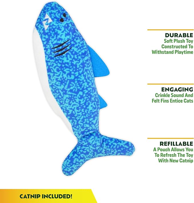 ZOOMIE Shark Kicker - Refillable Catnip Toy + Catnip | High Potency Hand Harvested Fresh | Soft Plush for Engaging Play-Mewly Pet