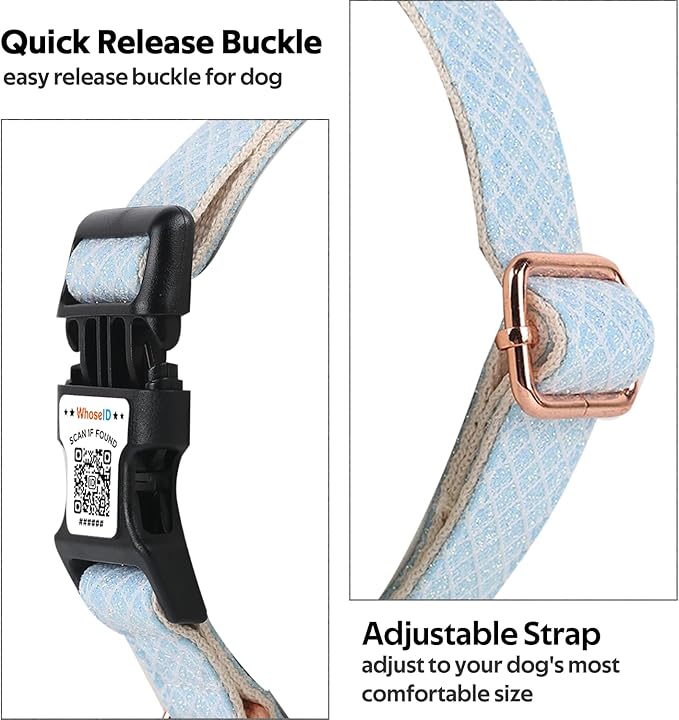 Dog Collar with Waterproof AirTag Holder & Anti-Lost QR Code, Cute Bling Warpping Adjustable Width for Small Medium Large Pet (Light Blue, M)-Mewly Pet