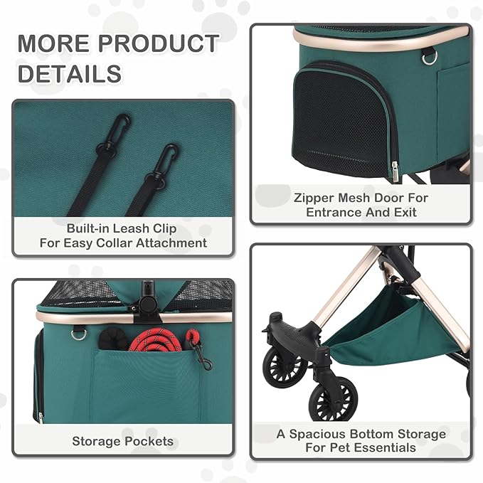 MoNiBloom 3 in 1 Pet Stroller with Adjustable Handle, Jogging Stroller w/Detachable Carrier & Lightweight Aluminum Frame for Dogs Cats, Hunter Green-Mewly Pet