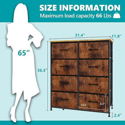 OLIXIS Dresser for Bedroom, 8 Storage Drawers, Tall Large Fabric Storage Tower Organizer, Chest of Drawers with Metal Frame Wooden Top for Nursery, Closet, Living Room, Entryway, Classic Rust Brown