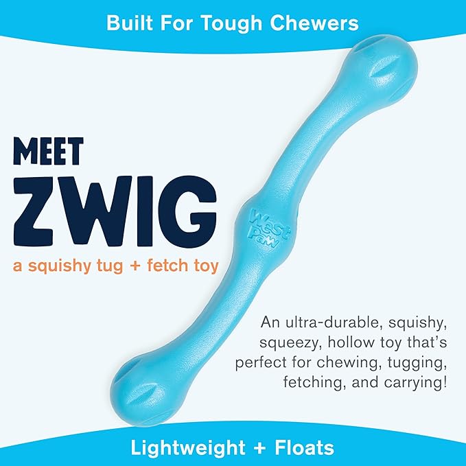 WEST PAW Zogoflex Echo Zwig Squeezy Dog Fetching Stick – Bouncy, Hollow, Squishy Interactive Toy for Puppies, Large Dogs – Floatable Stick, Lightweight Chewy Toy for Catch/Fetch – 13.75”, Aqua Blue-Mewly Pet