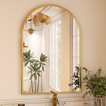 VooBang Arched Wall Mirror, 32 x 48 inch Arch Bathroom Mirror, Wall Mounted Vanity Mirror with Arch Metal Frame, Modern Bathroom Vanity Mirror for Bedroom, Living Room, Hanging or Leaning, Gold