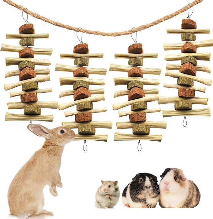 kathson 4 Pcs Bunny Chew Toys for Teeth,Rabbit Hanging Chew Toy Grinding Natural Sweet Bamboo Sticks with Timothy Hay Grass and Carrot Cake for Improve Rodent Small Animals Dental Health-Mewly Pet