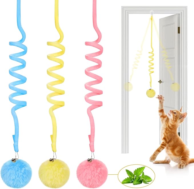 Potaroma Hanging Fluffy Cat Catnip Ball Toys 3 Pcs with Bell, Interactive Cat Teaser Retractable Toys Indoor Kitten Play Chase Exercise Physical Stimulation-Mewly Pet