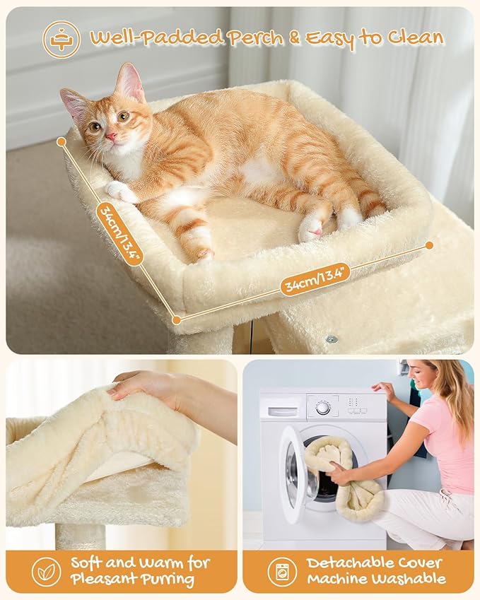 PAWZ Road Cat Tree, 30 Inches Cat Tower with Dual Condos for Indoor Cats, Plush Cat House with Padded Perch, Scratching Ramp and Posts and Replaceable Balls-Beige-Mewly Pet