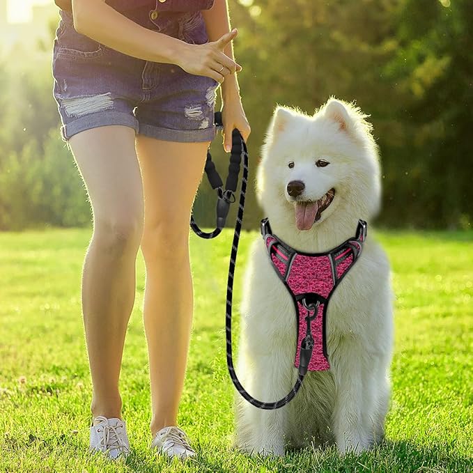 BARKBAY Dog Harness No Pull with ID Tag Pocket - Heavy Duty, Reflective, Easy Control for Large Dogs(Pink/Black,L)-Mewly Pet