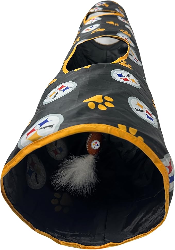 NFL Pittsburgh Steelers Cat Tunnel Tube Toy with Plush Football Catnip and Feathers Collapsible Tunnel for Cats to Play, Peek and Hide, Sporty & Fun Cat Tunnel Toy with Team Logo All-Over Design!-Mewly Pet