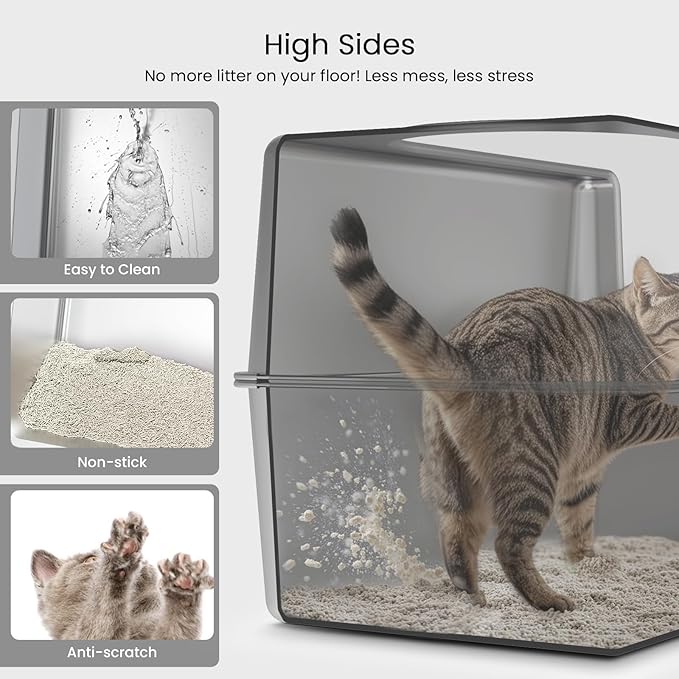 Enclosed Stainless Steel Cat Litter Box with Lid, XL Metal Litter Box for Big Cats, Extra Large Cat Toilet with High Side, Non-Stick, Anti-Leakage, Odorless, with Cats Litter Mat & Litter Scoop-Mewly Pet