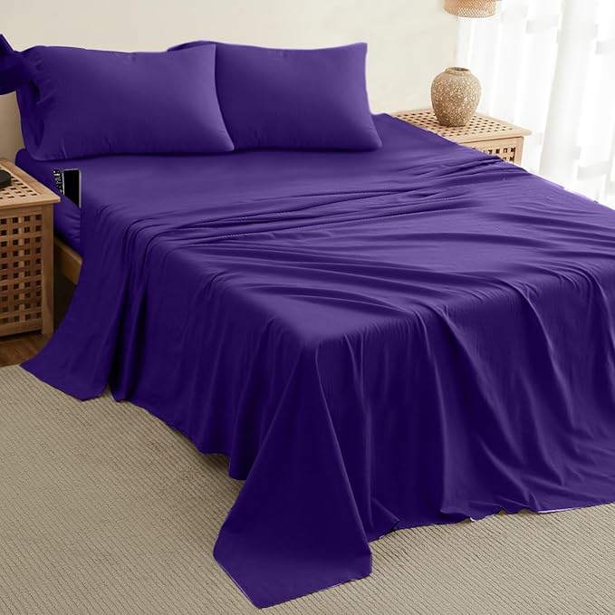 DREAMCARE Twin XL Sheet Sets - 4pc Cooling Sheets XL Twin Sheets - up to 21” Deep Pocket – Hotel Luxury Extra Long Twin XL Bed Sheets 100% Brushed Microfiber with Side Pocket - Purple