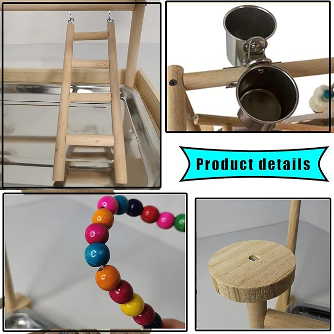 Parrots Playground, Bird Play Gym Wood Perch Stand Colours Revolving Climb Ladders Swing Chewing Toys with Parakeet Feeding Cups Exercise Activity Center for Conure Cockatiel Lovebirds(Include a Tray)-Mewly Pet