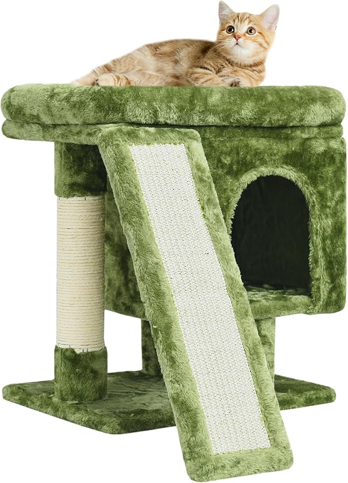 YANDLVY Small Cat Tower for Cats, Cute Cat Tree for Indoor Cats, Kittens Condo with Scratching Post and Board, Cat Cave, Modern Cat Activity House with Plush Perch (Green)-Mewly Pet
