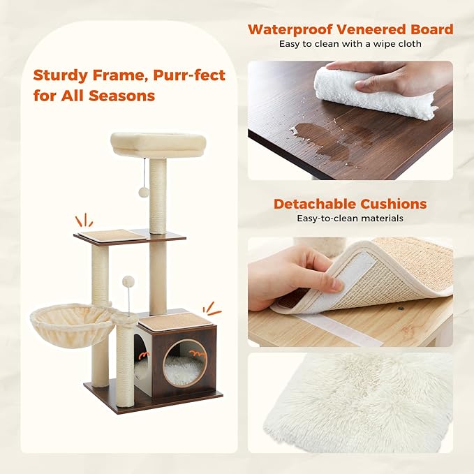 PEQULTI Modern Cat Tree for Indoor Cats,Multilevel Play House Cat Tower with Cat Condo, Scratching Post, Cozy Hammock and Plush Pompom, Brown-Mewly Pet