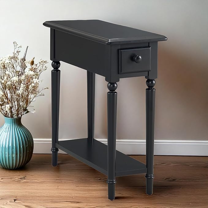 Leick Home Narrow End Table, Solid Wood, Black, 1 Drawer, 1 Display Shelf, Small Size, Easy Assembly, 10.01 in W x 23.46 in D x 23.98 in H, 20017-BK