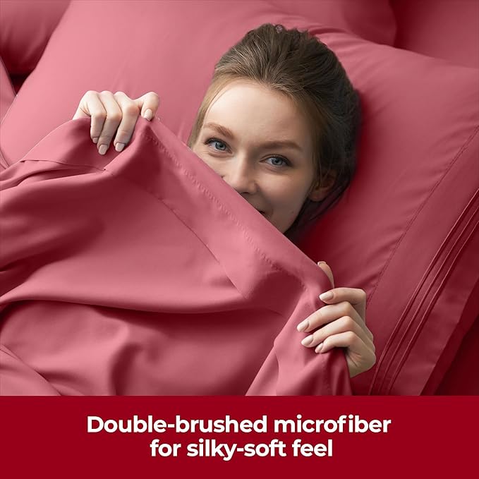 Mellanni Extra Deep Split King Sheets - 5 PC Iconic Collection Bedding - Hotel Luxury, Ultra Soft, Cooling Bed Sheets - Wrinkle, Fade, Stain Resistant (Split King, Brick Red)