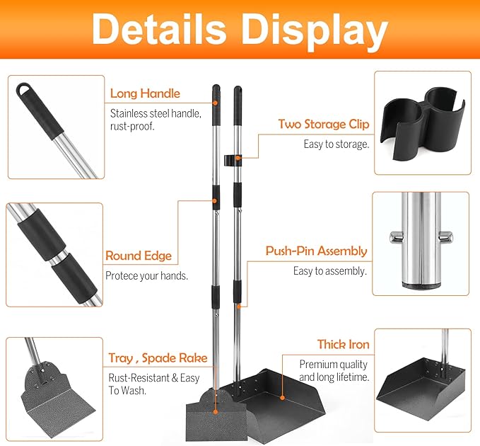 Pooper Scooper, Metal Aluminum Tray and Spade Poop Scoop Set with Adjustable Stainless Steel Long Handle, Pet Waste Removal Heavy Duty Poop Scooper (Small Tray&Spade)-Mewly Pet