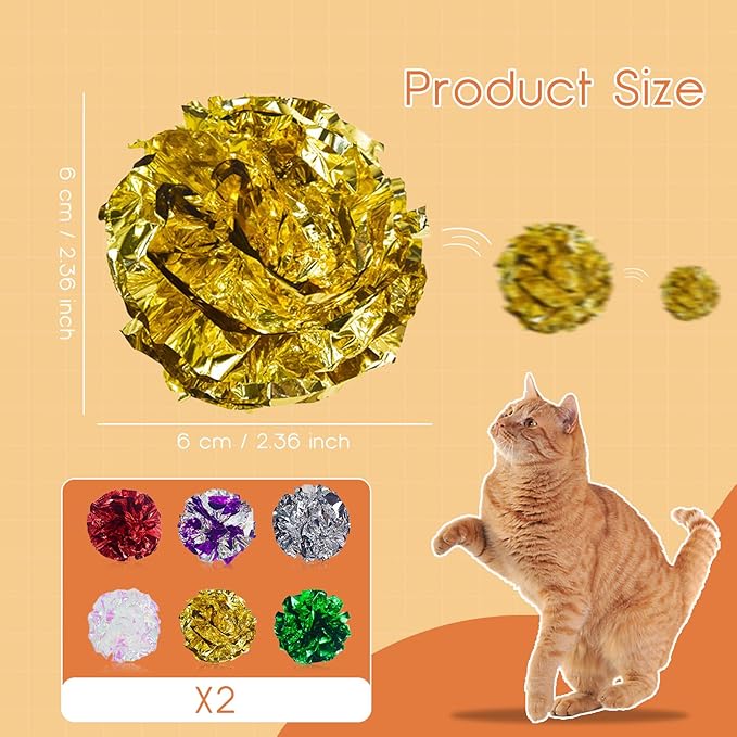 Andiker Cat Crinkle Balls, 2.36 Inches 6 Colors 12pcs Cat Balls Chew and Chase Kitten Mylar Crinkle Ball Lightweight Cats Toys for Indoor Cats to Keep Fit and Active(12pcs)-Mewly Pet