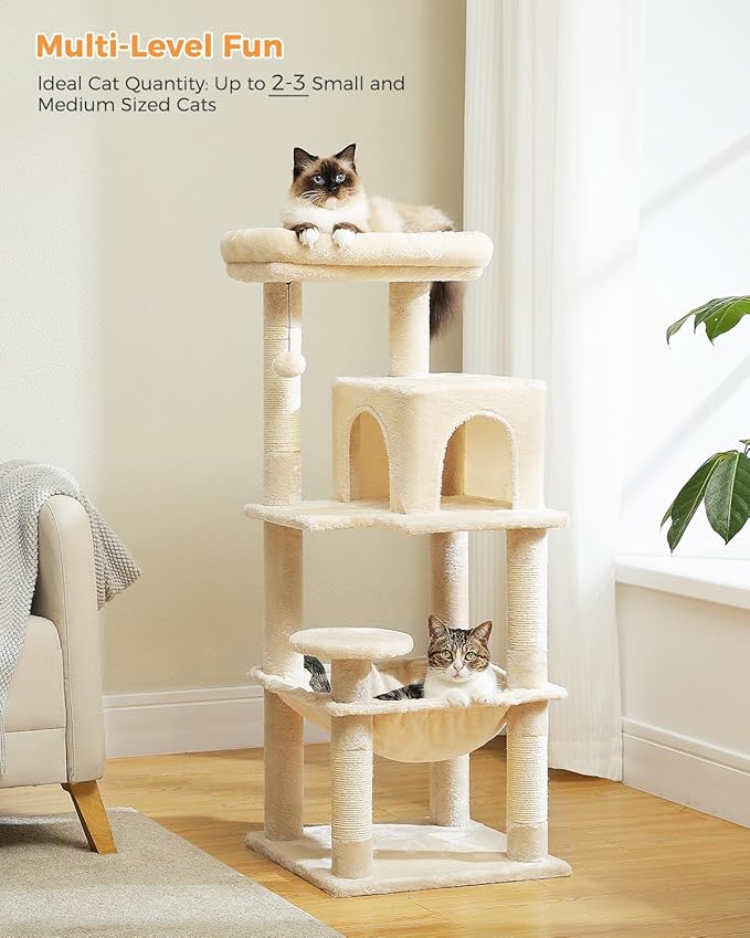 Cat Tree for Indoor Cats, 45.7" Multi-Level Cat Tower with Large Metal Frame Hammock, Cat Condo with 4 Scratching Posts and Top Perch for Small Medium Cat, Beige-Mewly Pet