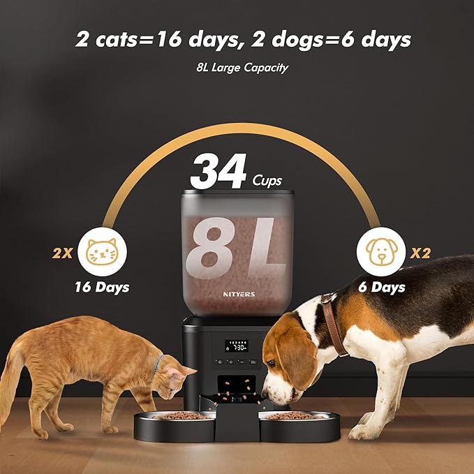 Automatic Cat Feeder for 2 Cats - 8L/34 Cups Large Capacity Auto Cat Food Dispenser with LCD Screen, 2 Food Trays, Timed Feeder, Up to 50 Portions 6 Meals Per Day, Keep Fresh-Mewly Pet