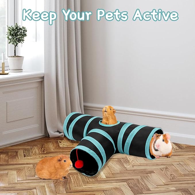 Rypet Guinea Pig Tunnel, 3 Way Collapsible Rabbit Tunnel, Small Pet Tunnels and Tubes with Interactive Ball for Rabbit Ferret Hamster Chinchilla Hedgehog Hiding and Resting-Mewly Pet