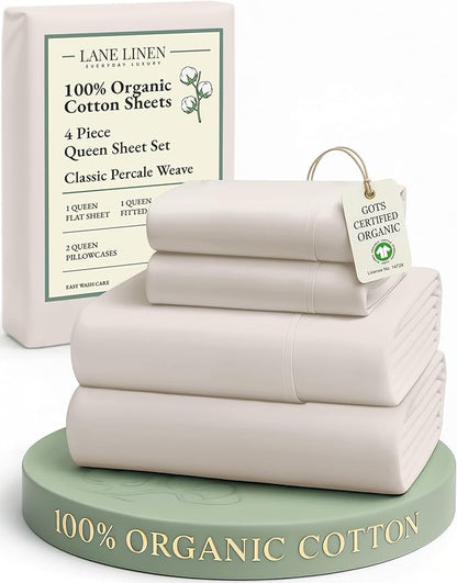 LANE LINEN 100% Organic Cotton Queen Sheet Set, 4Pc Cotton Sheets Queen Size Bed Set, Soft Percale Weave, Deep Pocket Queen Sheets, Hotel-Quality Bed Sheets Queen Size - Glacier Grey