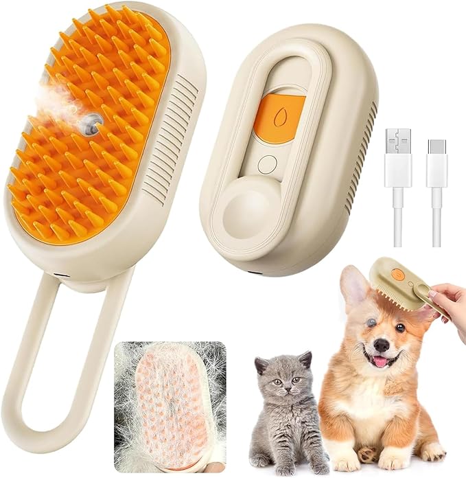 Cat Steam Brush for Shedding, 2025 New 4 in 1 Rechargeable Steam Pet Brushes for Cats & Dogs, Indoor Anti-static Pets Brush for Massage, Cleaning, Shedding & Combing Hair (Beige)-Mewly Pet