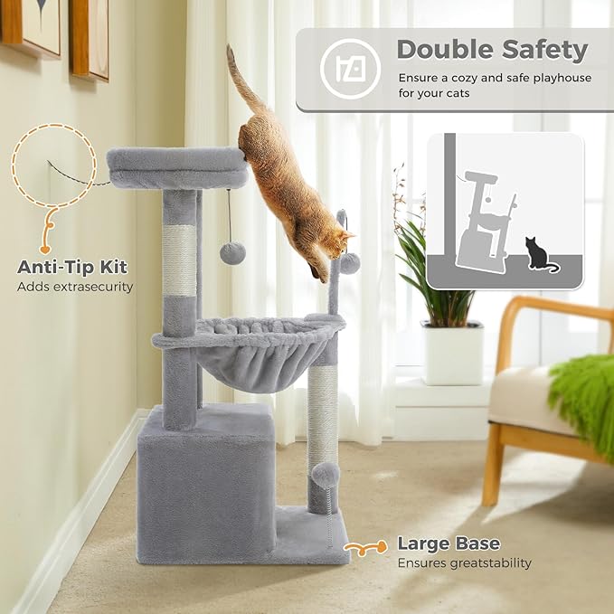 PEQULTI 4-in-1 Cat Tree, 33'' Cat Tower for Indoor Cats with Large Cat Condo, Scratching Post for Cats with Deep Hammock& Cozy Top Perch, Grey-Mewly Pet