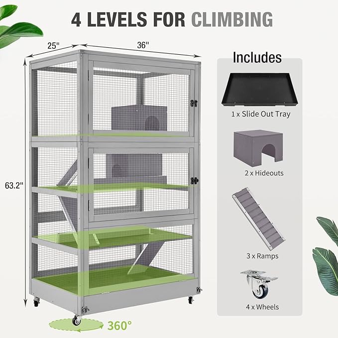 Ferret Cage Rat Cage Indoor Outdoor, Large Guinea Pig Cages with 4 Levels, Wooden Chinchilla Cage with Wheels for Hamster, Chameleon, Gerbils and Other Small Animals Anti-Chewing-Mewly Pet