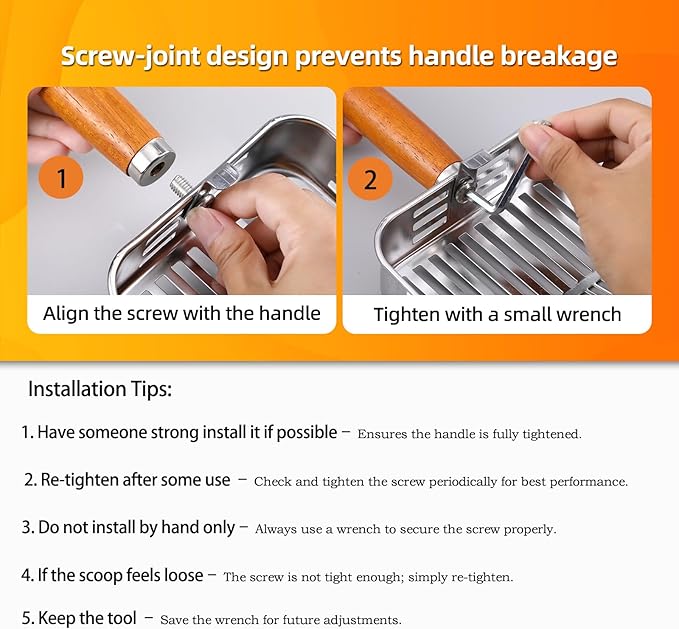 304 Stainless Steel Cat Litter Scoop, One-Piece Pressed Design with No Weld Spots, Durable Anti-Break Handle, Dual Slot Sizes, Easy to Clean, Filters Small Litter Clumps Litter Scoop-Mewly Pet