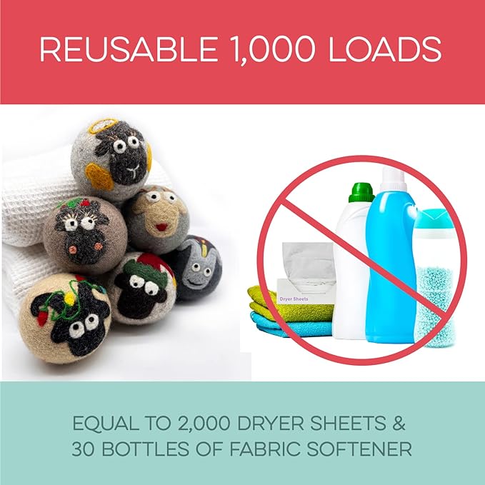 Fluff Ewes Wool Dryer Balls 6 Pack Premium New Zealand Wool Laundry Balls for Dryer, No Static Dryer Balls Laundry Reusable, XL Christmas Dryer Balls, Holiday Dryer Balls - Sheep in Heavenly Peace-Mewly Pet