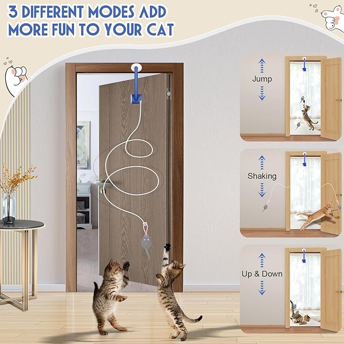 Cat Toy Interactive for Indoor Cats, Smart USB Rechargeable Door Hanging Automatic Retractable Kitten Toys, Teaser Electronic Self Play Feather Cat String Toys Attached with 3 Catnip Mice Blue-Mewly Pet